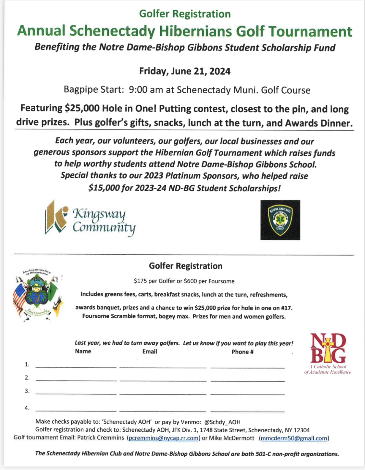 AOH Golf Tournament to Benefit NDBG Coming June 21